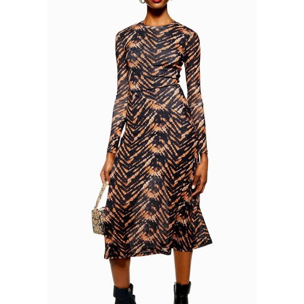 TOPSHOP Tiedye Mesh Midi Dress Brown Black Sz 6‎